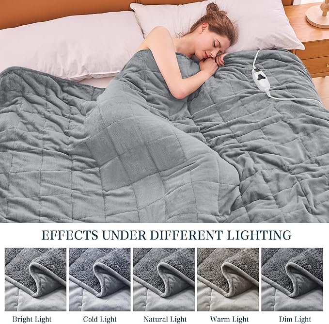 greenoak Heated Weighted Blanket for Adults - Sherpa Fleece Electric Throw Blanket (50”x60”, 13lbs, Light Gray) - Thick Soft Warming Plush Heating Blanket with 10 Heating Levels & 1-8 Hours Auto Off