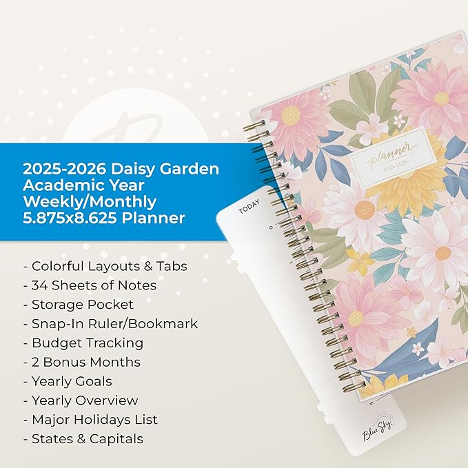 Blue Sky 2025-2026 Weekly and Monthly Academic Year Planner Calendar, July 2025 - June 2026, 5.8" x 8.6", Flexible Cover, Wirebound, Laminated Tabs, Storage Pocket, Daisy Garden