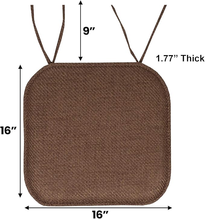 Chair Cushion Memory Foam Pads with Ties Honeycomb Pattern Slip Non Skid Rubber Back Rounded Square 16" x 16" Seat Cover, Herringbone Brown, 6 Count (Pack of 1)