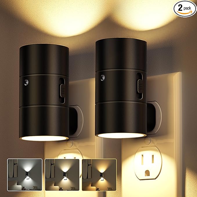 Night Lights Plug Into Wall,3 Color Temperatures LED Night Light Plug in,Dusk to Dawn Sensor,0-100LM Adjustable Brightness,Dimmable Night Lights for Hallway Bathroom Stair Bedroom,Black,2 Pack