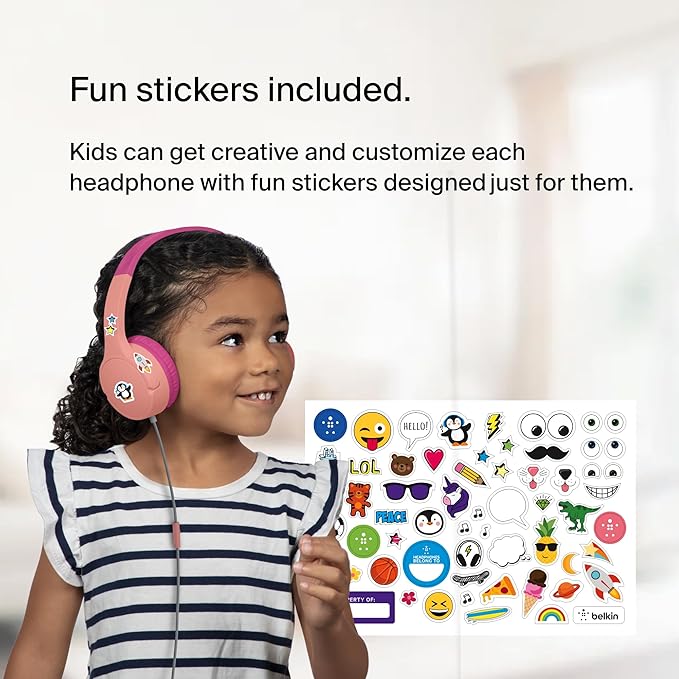 Belkin SoundForm Mini Kids Wired Headphones with Built-in Microphone & Fun Stickers, 85dB Safe Volume Limit – for Online Learning, Travel, Compatible w/iPhone 15, iPad, Galaxy S23, & More - Pink