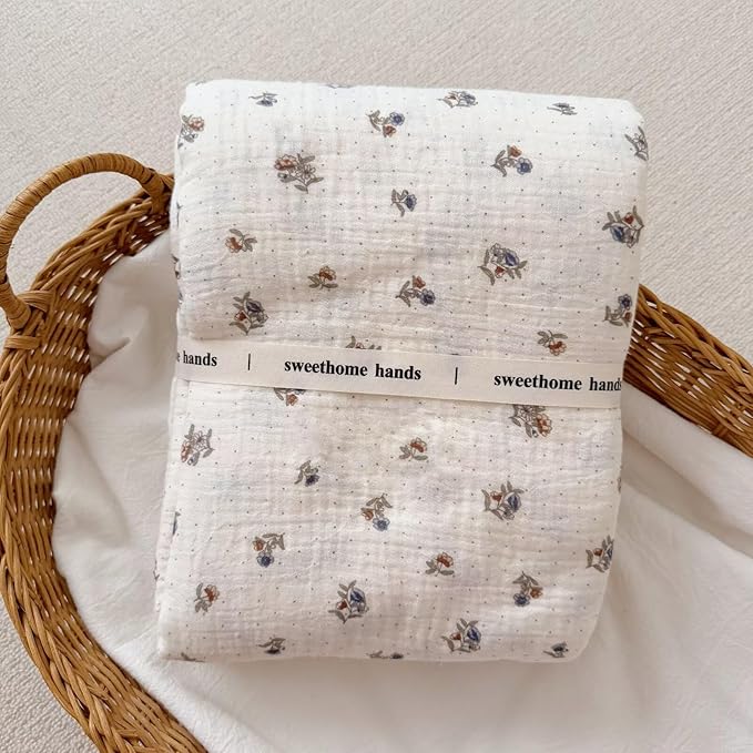 BuLuTu Large Muslin Toddler Blanket 47x51 Inch, Cottage Floral Print Baby Crib Blanket, Soft Breathable Lightweight Nursery Blankets, Pansy Flowers & Small Dots Pattern