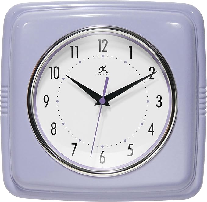 Infinity Instruments Retro Wall Clock – 9-Inch Square Silent Non-Ticking Mid-Century Modern Clock – Vintage Decorative Wall Clock for Kitchen, Office, or Diner – Lilac
