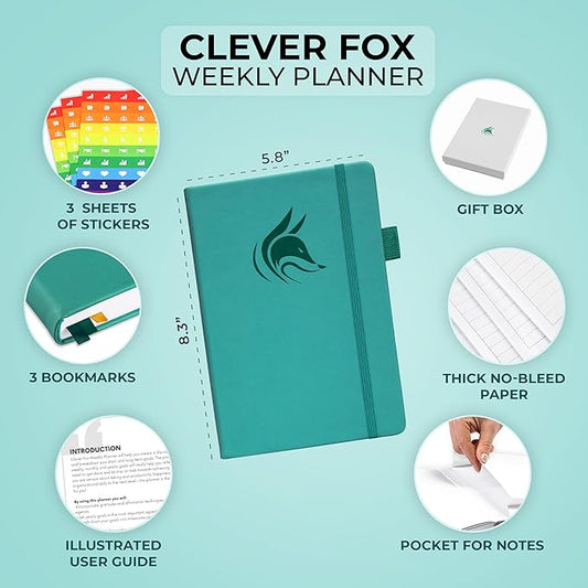 Clever Fox Planner – Undated Weekly & Monthly Planner for Productivity, Time Management & Goals – Organizer Journal – A5 (Turquoise)