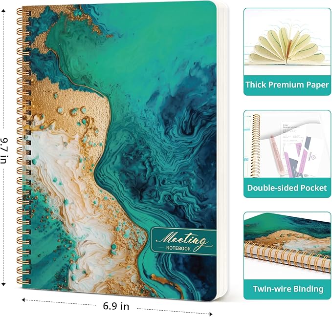 Meeting Notebook for Work Organization, Aesthetic Meeting Minutes Notebook for Work, Event Project Agenda Planner Organizer, Perfect for Office School Business Supplies, 6.9" X 9.7" - Emerald Shores