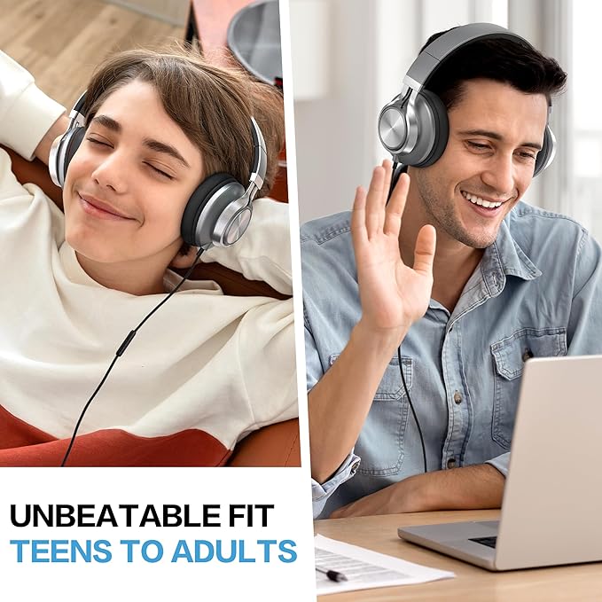 Over Ear Headphones Wired with Microphone - Noise Isolating Corded Headphones with Protein Leather Ear Cushions for Teens Adults,Fordable Head phones with Golded 3.5 mm Jack for Laptop Computer Tablet