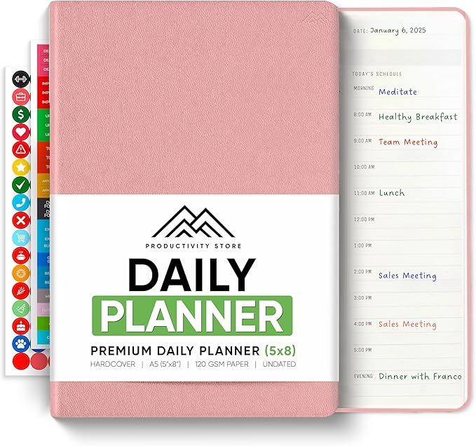Daily Planner 2025 (5" x 8") - The Ultimate Daily Workflow Planner with Hourly Schedule & Task List to Achieve Your Goals by PRODUCTIVITY STORE (A5, Pink)