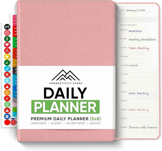 Daily Planner 2025 (5" x 8") - The Ultimate Daily Workflow Planner with Hourly Schedule & Task List to Achieve Your Goals by PRODUCTIVITY STORE (A5, Pink)