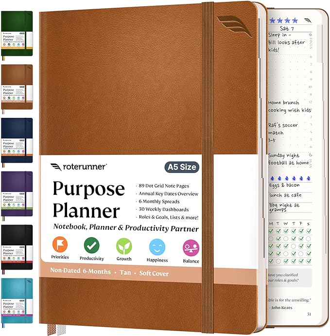 Roterunner Purpose Planner Notebook A5 5.8”x8.3” Undated 2025 Daily Weekly and Monthly Productivity Goal Setting Tool for Work Home ADHD Planner for Adults Self Care Journal (Tan Softcover)