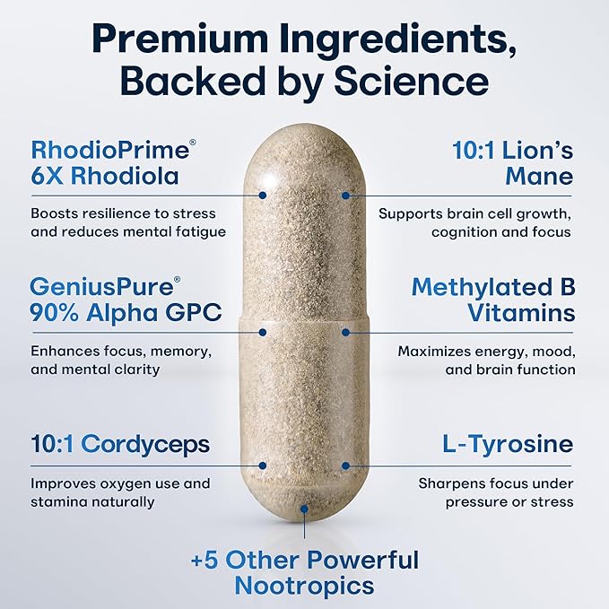 Nootropic Strongest Focus Supplement - Clinically Backed Ingredients Made in USA - Scientifically Backed Doses - Supplement for Brain Fog - AlphaGPC, Lions Mane, Rhodiola and More 10:1 90 Capsules