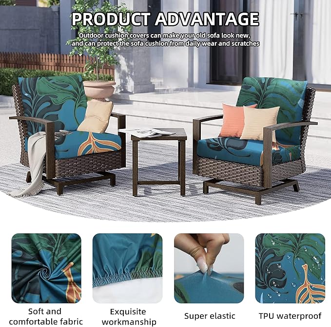 8Pcs Outdoor Cushions Covers Waterproof, Patio Cushion Covers, Stretch Cushion Covers Replacement,Cushion Slipcovers, Furniture Cushion Covers (Cool, 8PCS-Print)