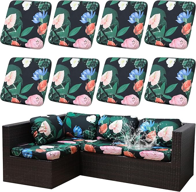 8Pcs Stretch Patio Cushion Covers Waterproof Outdoor Cushion Covers Patio Couch Cover Slipcovers, for Outdoor Furniture Protector Covers Replacement(Cover Only) (Flowers)