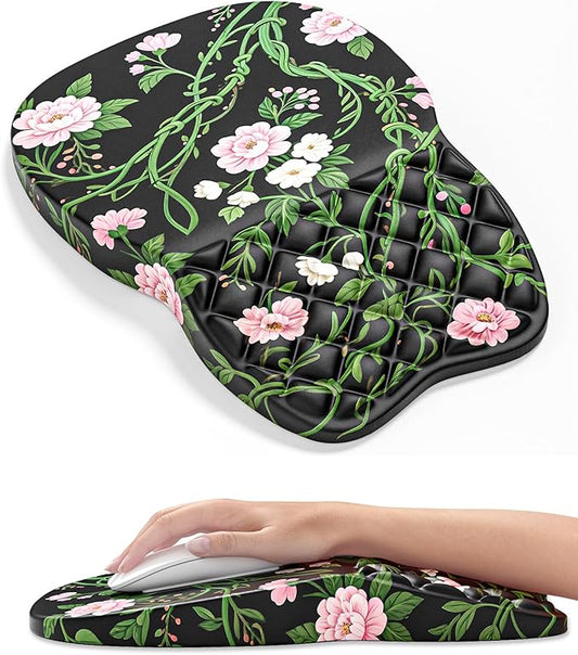 Auhoahsil Ergonomic Mouse Pad with Wrist Rest, Comfortable Slope Computer Mouse Mat with Wrist Support, Memory Foam Filling, Non-Slip Silicone Base, Pain Relief for Gaming Work, 8" x 12", Black Vines