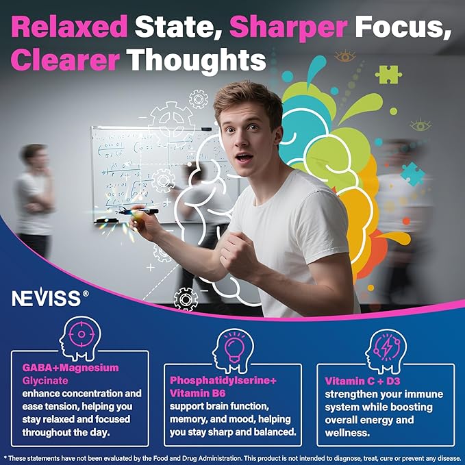 L Tyrosine Gummies Supplement 1200mg, GABA L-Theanine Supplement 200mg with Magnesium Glycinate Vitamin B6, D3 & C - Calm & Focus Gummies - Brain Supplements for Memory, Mood & Relax for Adults, Vegan