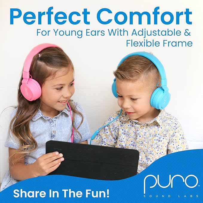 Puro Sound Labs PuroBasic Wired Headphones for Kids - Volume-Limiting & Adjustable with Microphone – Compatible with Smartphones, Tablets, PCs, and More – Safe, Durable Headphones for Kids – Blue