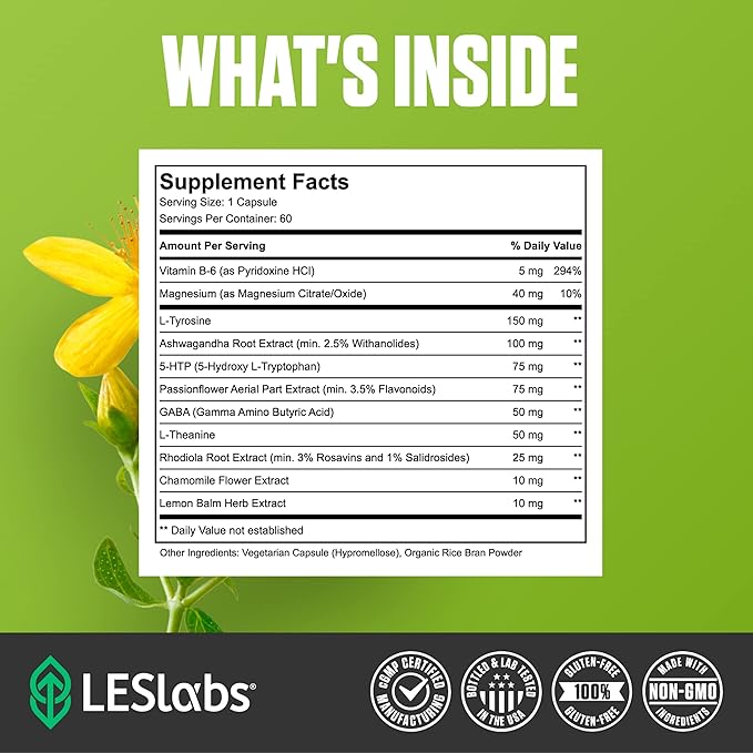 LES Labs Mood Boost – Stress Relief, Mood Support, Deep Relaxation & Better Sleep – 5-HTP, Ashwagandha, Rhodiola Rosea, Magnesium, L-Theanine & GABA – Non-GMO Supplement – 60 Capsules
