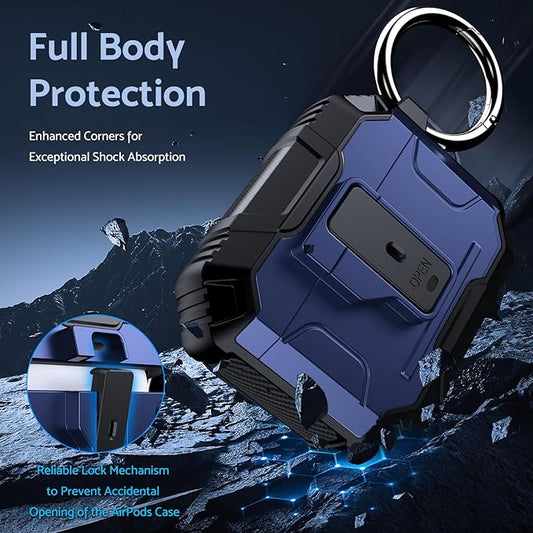 DASFOND Armor Earphone Cover Case for Airpods 4 Generation, Military Grade Full Body Shockproof Protection Hard Case, Support Wireless Charging with Keychain, Magnetic Lid, Front LED Visible, Blue