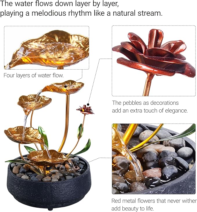 Tabletop Fountain Metal Lotus Circulating Fountain Water Feature for Zen Home Decor Warm Yellow Scene Light(23034)