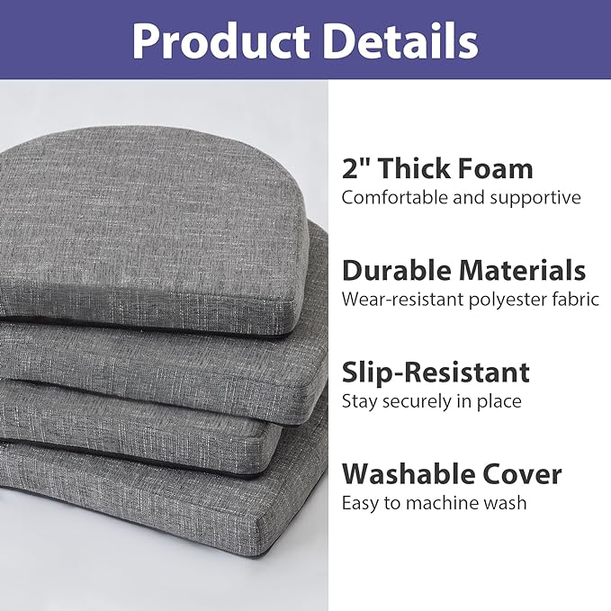 Chair Cushions for Dining Chairs with Ties and Removable Cover, Dining Kitchen Chair Pads with Non-Slip Bottom, High-Resilience Indoor Seat Cushions, 16'' x 16'' x 2'', Set of 6, Dark Grey
