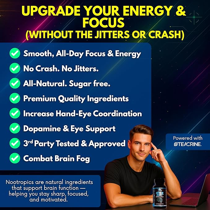 Space Dust Brain Supplement – Focus, Energy & Mood Support – 8-in-1 Nootropic for Brain Fog & Reaction Time – with TeaCrine, L-Theanine, L-Tyrosine, Mucuna – Gamer & Professional Formula
