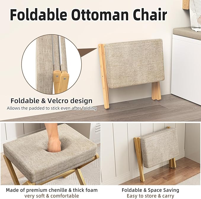Foldable Foot Stool Ottoman, Modern Foot Rest with Bamboo X Legs & Thick Foam Cushion, Folding Foot Stools Small Padded for Bedroom Living Room, Makeup Vanity Stool Chair (Natural - Brown)