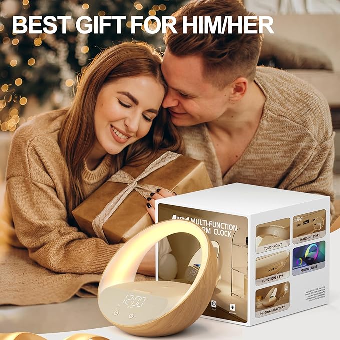 Bluetooth Alarm Clock, Sunrise Simulation Wake Up Night Light, 15W Fast Wireless Charging Alarm Clock for Bedroom, 10W Bluetooth Stereo Sound Speaker, USB Charger Port