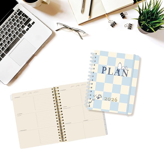 18 Month Planner/Calendar by Graphique, July 2025 – Dec. 2026 Checkerd Peanuts Hardbound Spiral Planner, Monthly Tabs, Holidays, Reminder Stickers, 6” x 8”