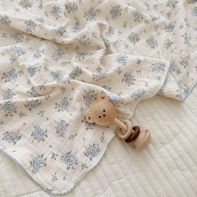 BuLuTu Blue Floral 100% Cotton Muslin Blanket Soft Lightweight Toddler Bed/Crib Quilt Shabby Chic Flower Theme Swaddle Blanket for Girls Boys Bedding Gift Room Decor, Fressia, 47"x51"