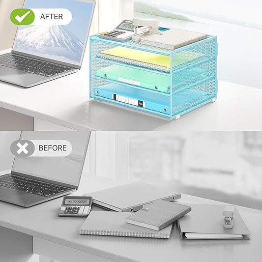 Lavatino 3-Tier Letter Tray Desk Paper Organizer – Blue Mesh Metal File Tray Organizer for Desk, Office Supplies & Home Organization | Fits A4/Letter Paper, Mail, Magazines and Office Accessories