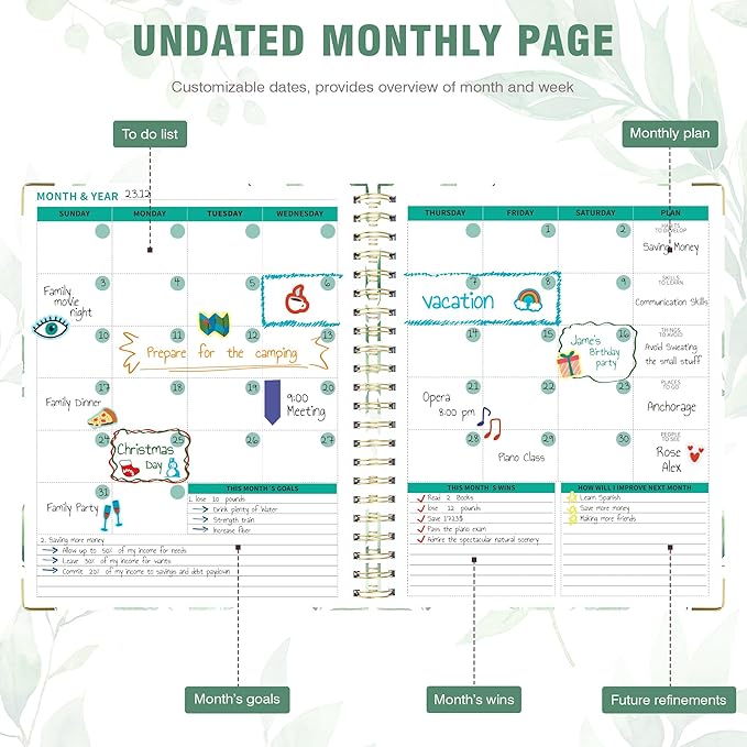 Ospelelf Undated Spiral Bound Planner Daily, Weekly and Monthly Planner 2025-2026, Work Planner 12 Month 8.5 x 11