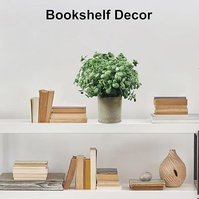 USLAI Small Potted Fake Plants(3-Pack), Mini Artificial Plastic Eucalyptus Plants Topiaries for Home Office Shelf Desk Farmhouse Room Coffee Table Decor