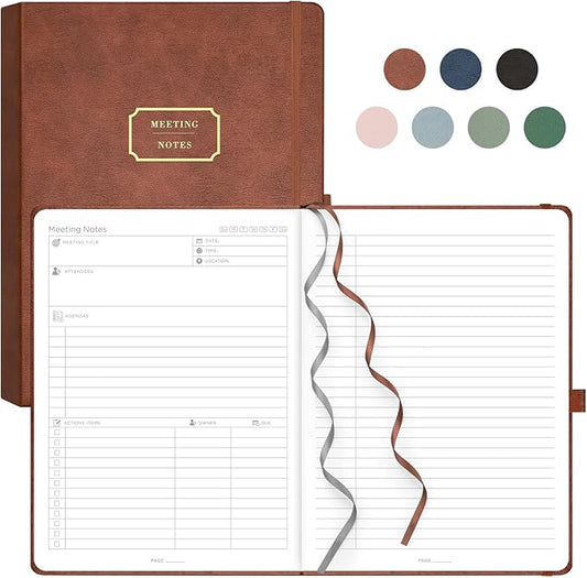 EMSHOI Meeting Notebook for Work with Action Items - 320 Pages B5 Thick Project Planner Agenda Organizer Work Notebook for Women Men Office Business Notes, PU Leather Hardcover, 7.5" x 10", Coffee