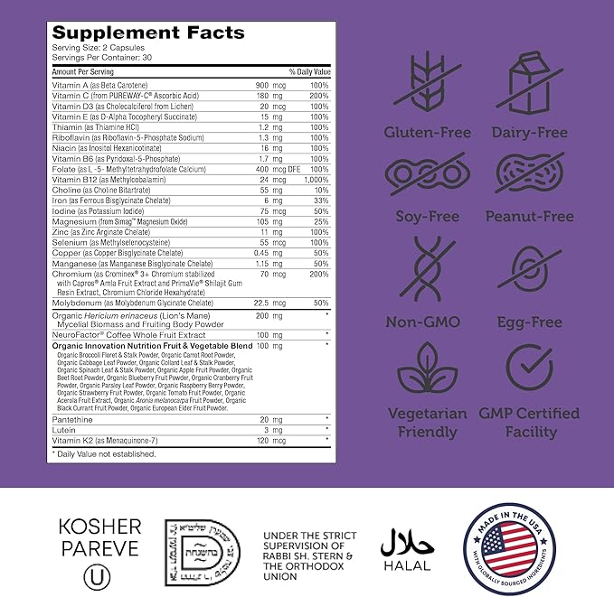 Zahler - Multivitamin Brain Supplement (60 Count) Kosher Brainfood Capsules for Adults with Neuro Factor & Lion's Mane - Nootropic Brain Supplements for Memory Support - Focus Mental Energy Boost