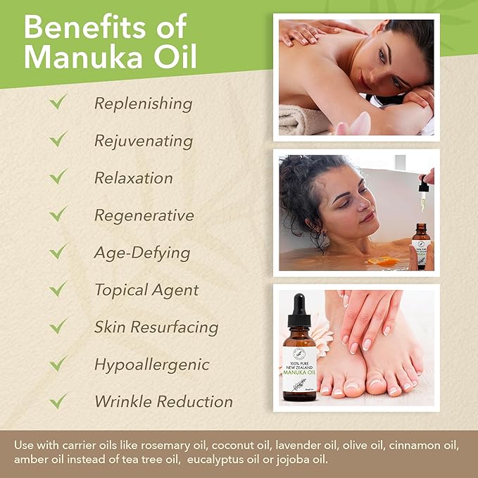 100% Pure New Zealand Manuka Oil | Organic Essential Oil | 35x Stronger Than Tea Tree | Natural Skin Care | Toenails | Diffuser | Aromatherapy | Nails | Hair | Skin | Lips