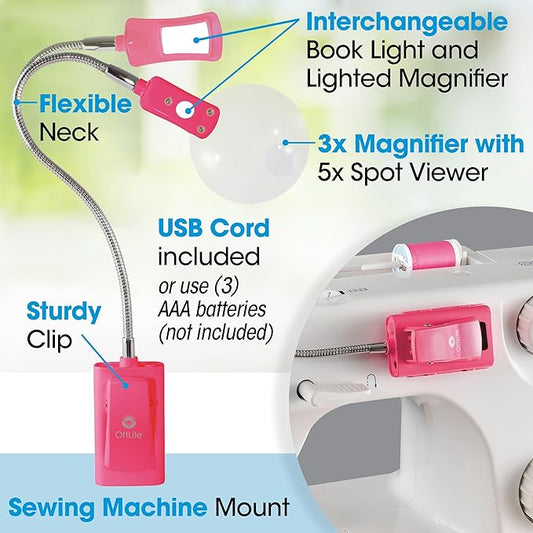 OttLite LED 2 in 1 Sewing Machine Light | Clip Lamp, Sewing Machine Lamp | Lighted 3X Optical Grade Magnifier, 5X Spot Viewer | Great for Home, Workshop (Pink)