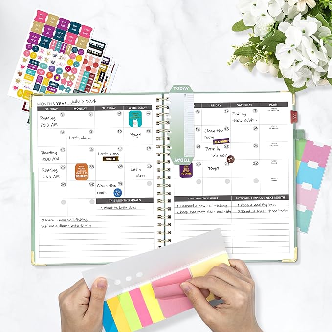 Ospelelf Planner Undated Daily Spiral Binding Weekly Monthly Hardcover Academic Planners with Stickers 12 Months Productivity Aesthetic Journey Letter Size Green Leaf