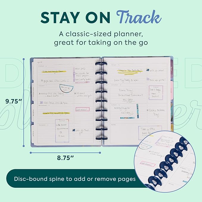 Happy Planner Disc-Bound Planner Jan.–Dec. 2026, Includes 3 Extra Months and 2 Sticker Sheets, Classic Size, 7" x 9.25", Horizontal Layout, Ethereal Elements