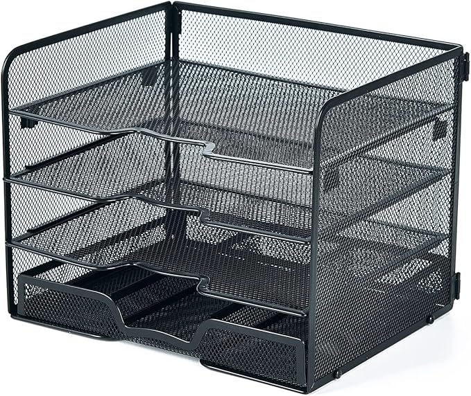SETTFRFE 4 Tier Mesh Paper Letter Tray,Desk File Organizer with A Sliding Drawer,Office Supplies Desk Organizer for Home Office,Black.