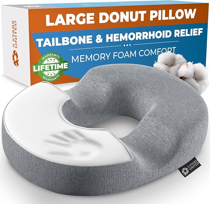 5 STARS UNITED Donut Pillow Hemorrhoid Tailbone Cushion – Large Cushion for Pain Relief – Coccyx, Prostate, Sciatica, Pelvic Floor, Pressure Sores, Pregnancy, Postpartum Recovery, Gray