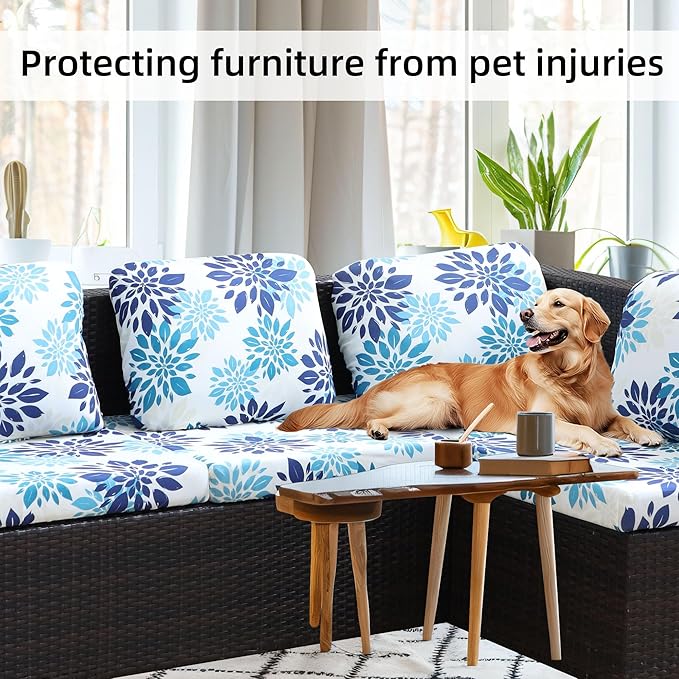 8Pcs Stretch Patio Cushion Covers,Outdoor Couch Covers Replacement,Outdoor Couch & Sofa Slipcovers,for Patio Furniture Cushion Covers,Washable Reusable Furniture Protector(Blue Flower,Cover Only)