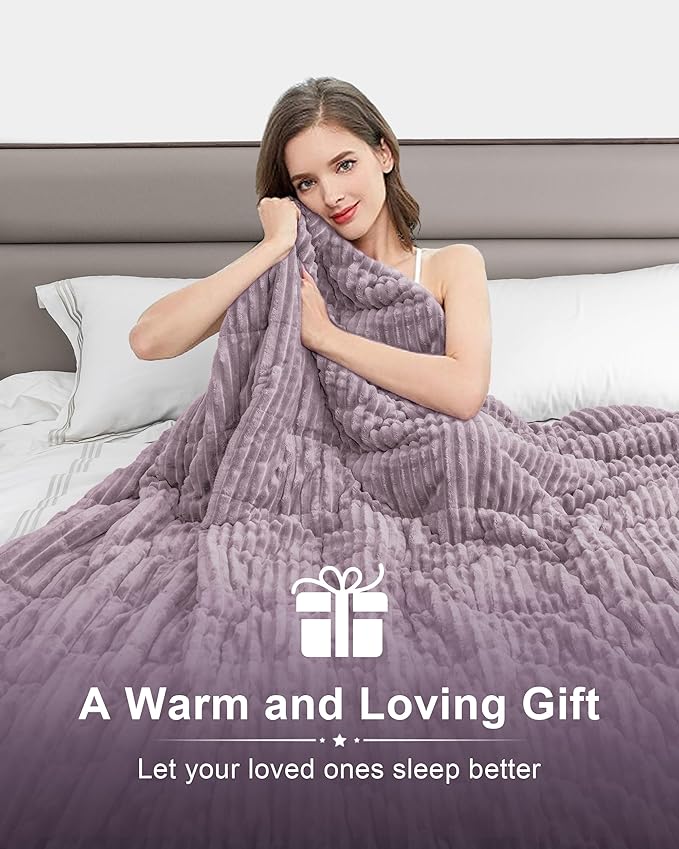 Sherpa Fleece Adult Weighted Blanket 20lbs with Ribbed Stripes, Dual Sided Fuzzy Warm Blanket for Couch Bed Sofa, Heavy Thick Blankets with Ceramic Beads Great for Sleep, Light Purple, 60" x 80"