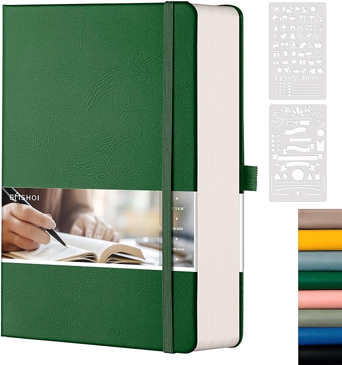 EMSHO A5 Hardcover Leather Dotted Journal - 320 Page Dot Grid Notebook for Women & Men, 100GSM Thick Paper, Ideal for Bullet Journaling, Work Notes, Sketching, Diary, School & Travel-Dark green