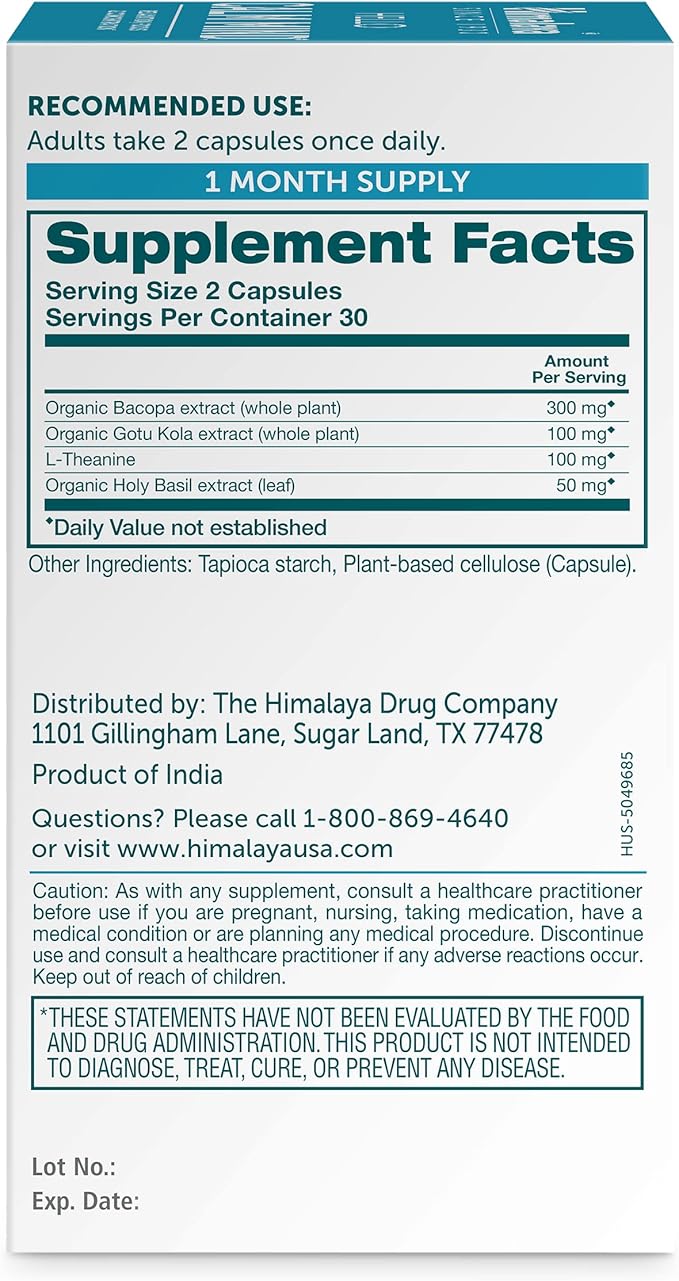Himalaya Hello Calm Mind Herbal Supplement, with Bacopa, L-Theanine, Gotu Kola, Supports Concentration & Focus, Cognitive Function, Clear Thinking, Relaxation, Vegan, Gluten Free, 60 Capsules