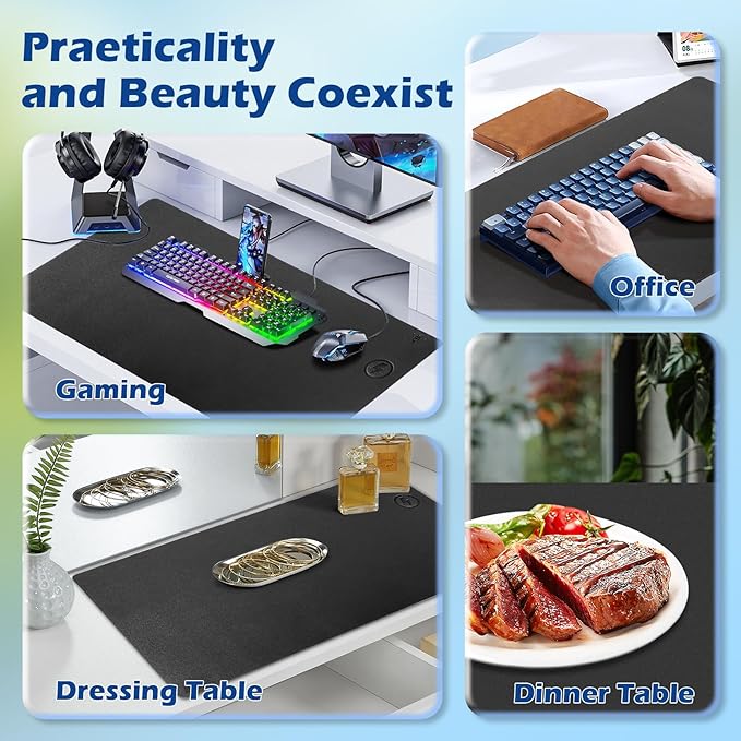 Wireless Charging Desk Mat with Desk Pad for Desktop Charging Large Mouse Pad Waterproof Leather Computer Mat Mouse Pad Non-Slip Protector on Top of Desks for Keyboard and Mouse (black-r, 32*16inch)