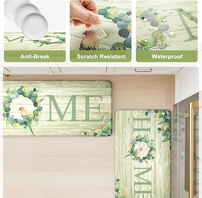 KIMODE Anti Fatigue Kitchen Mats for Floor 2 Piece,Farmhouse Spring Rugs Non Slip,Cushioned Memory Foam Carpet for Sink Laundry Office Bathroom,Green 17"x47"+17"x29"