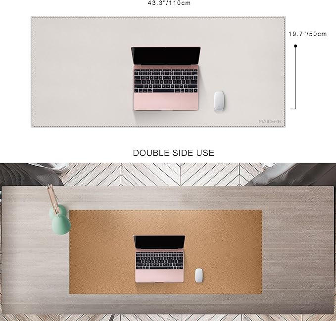 MAIDERN 43.3”x 19.6” Leather Desk Mat, Large Desk Pad, Cork & Leather Large Mouse pad for Desk, Waterproof Computer Desk Mat for Gaming Home Office (Cream)