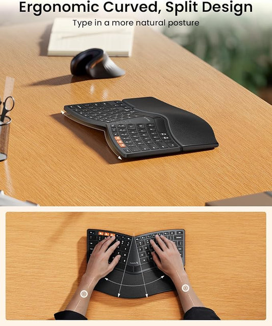 ProtoArc Bluetooth Ergonomic Keyboard, EK04 Mini Compact Wireless Ergo Keyboard with Palm Rest, Split Design, Natural Typing, Bluetooth and USB, Rechargeable, for Windows/Mac - Black