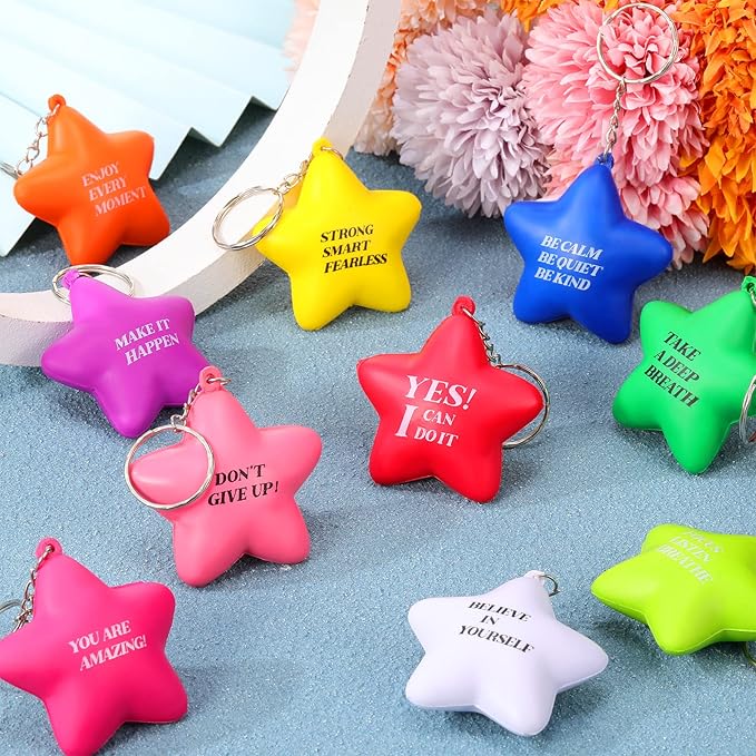 Zomiboo 40 Pcs Motivational Stress Balls Bulk Keychain Foam Star with Relief Quotes Employee Appreciation Gift for Relieve Anger