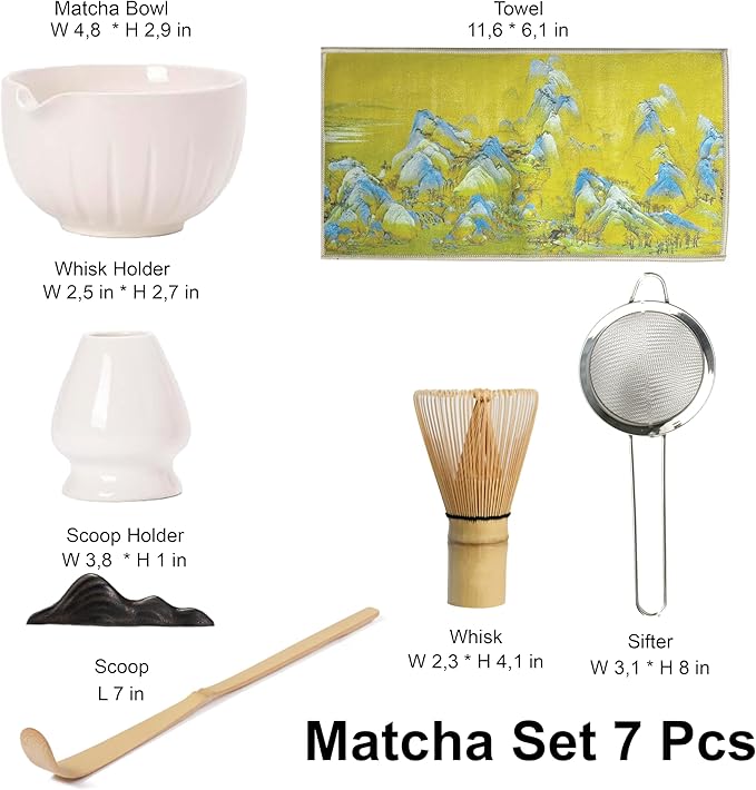 Matcha Whisk Set – 7 Pcs Japanese Matcha Kit, Bowl (Chawan) with Spout, Bamboo Whisk (Chasen) & Holder, Scoop (Chashaku), Sifter, Tea Towel – Perfect for Matcha Lovers & Tea Ceremony (White)