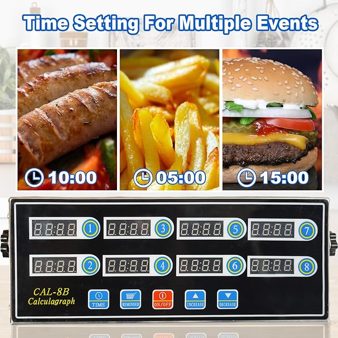 Commercial 8 Channels Digital Kitchen Timer, Stainless Steel Calculagraph Timer with Loud Alarm for Restaurant, Clock Reminder on Multiple Events